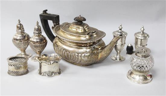 Mixed silver including a teapot, condiments and a napkin ring.